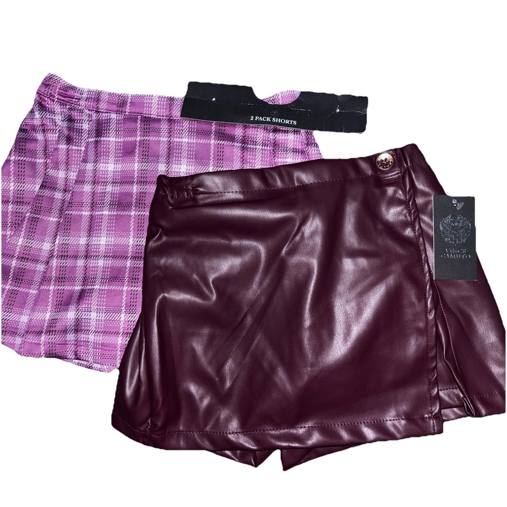 Vince Camuto 2 Girls Skirt Set Sz 7 Pleated Purple Plaid & Plum Faux Leather NEW - Picture 10 of 11